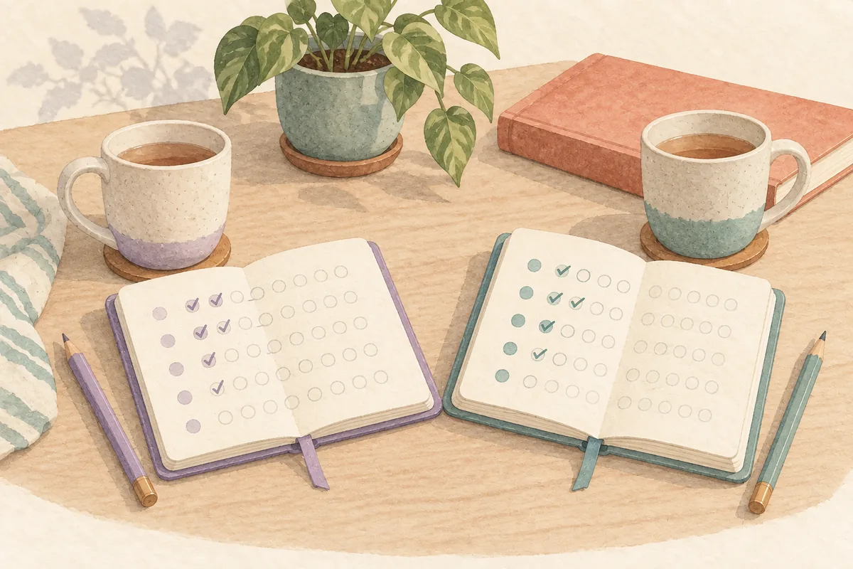 Watercolor illustration of two open habit journals with lavender and teal check marks, two tea mugs, and a leafy plant.