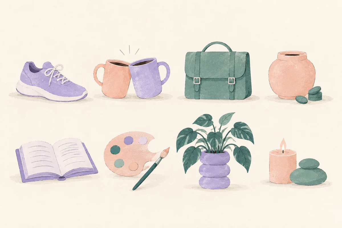 Eight life areas illustrated by a walking shoe, two mugs, a work bag, a savings jar, an open book, a paint palette, a houseplant, and a candle with stones.