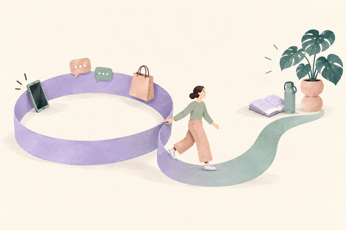 A person redirects a lavender loop of phone notifications and shopping into a green path toward a book, water bottle, and plant.