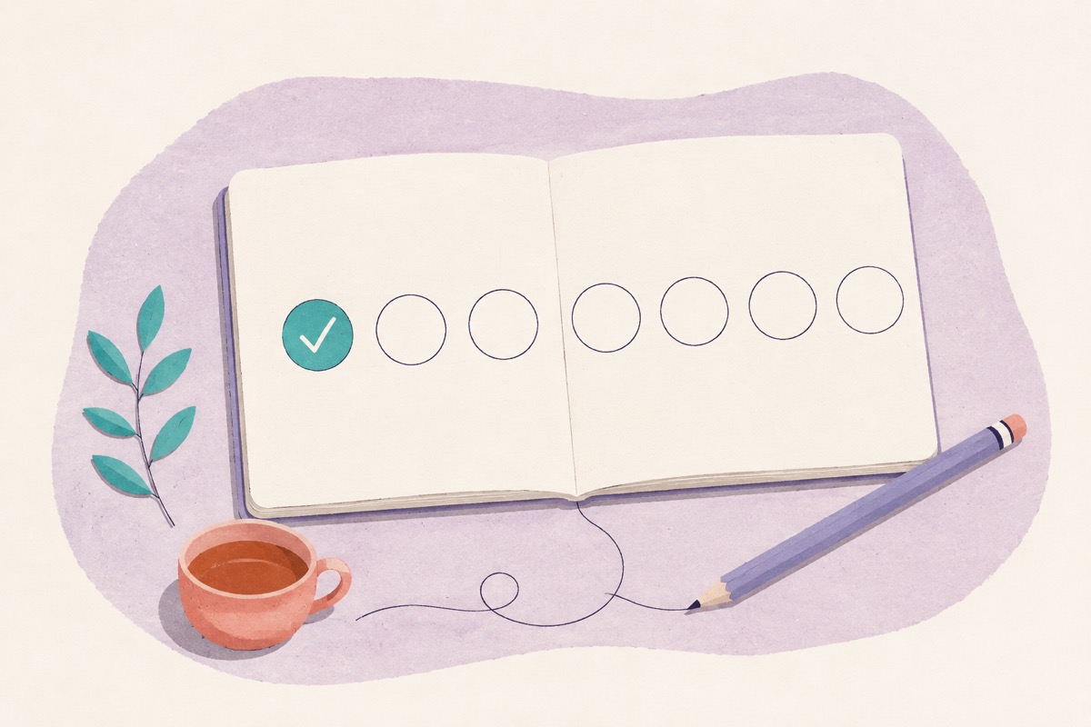 An open notebook with one checked circle, a lavender pencil, and a coral cup.