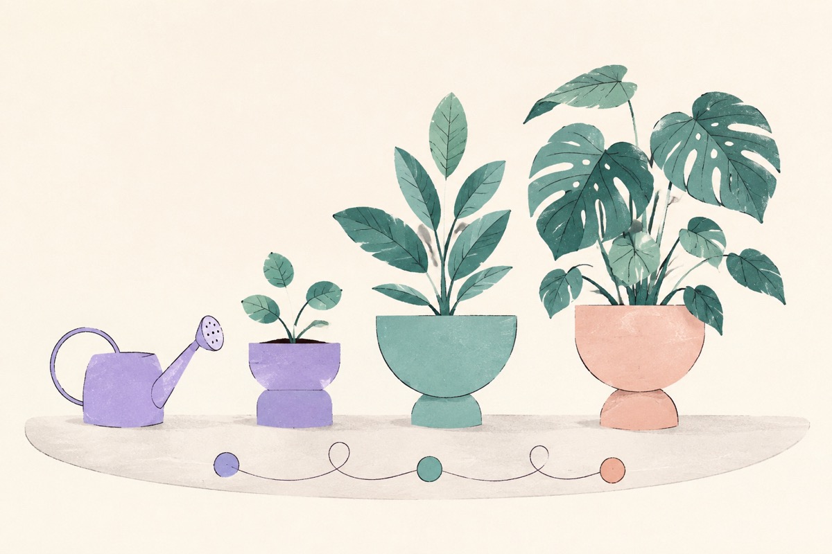 Three plants of different sizes in lavender, teal, and coral pots beside a watering can.