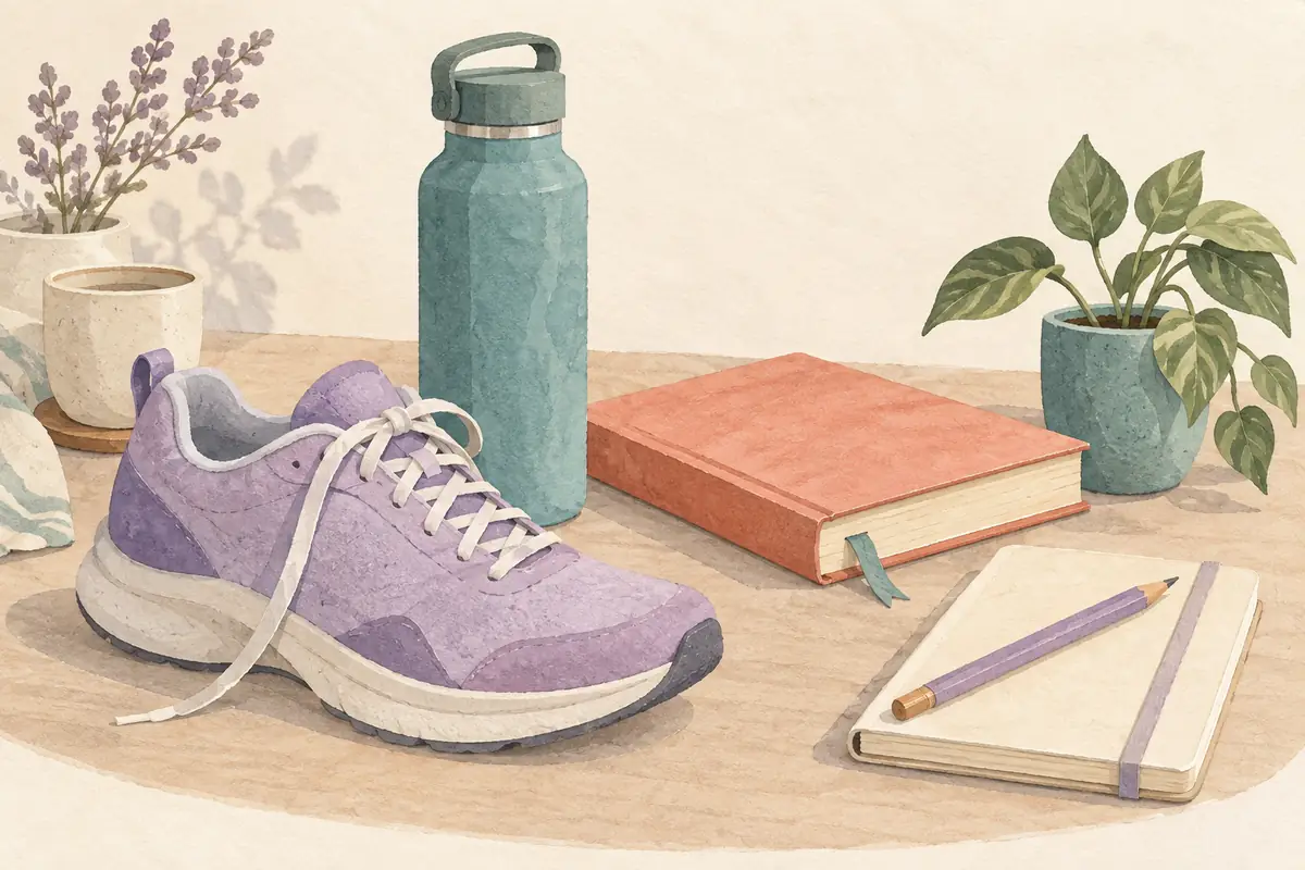 A lavender walking shoe, teal water bottle, coral book, and cream journal representing everyday habits to choose from.