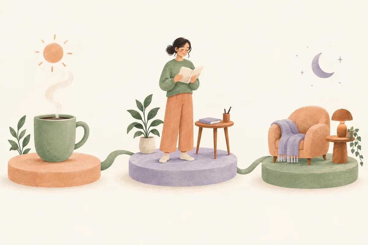 A woman holding an open book on a lavender platform, with a morning mug on one side and a reading chair and lamp on the other, connected by a sage path.