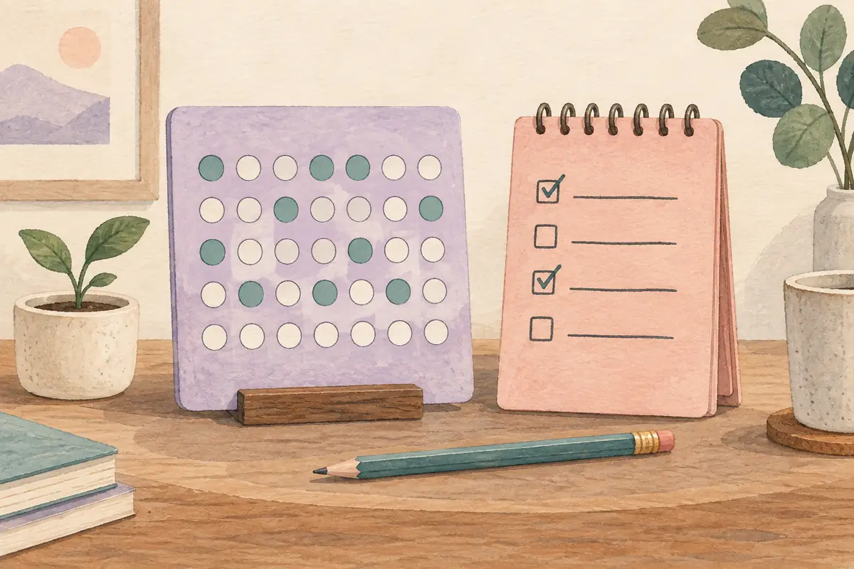 A lavender habit grid and coral checklist standing side by side, with a teal pencil and a small plant.