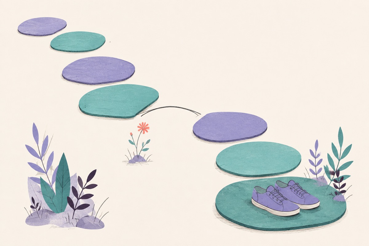 Lavender and teal stepping stones with a small gap, a flower, and walking shoes.