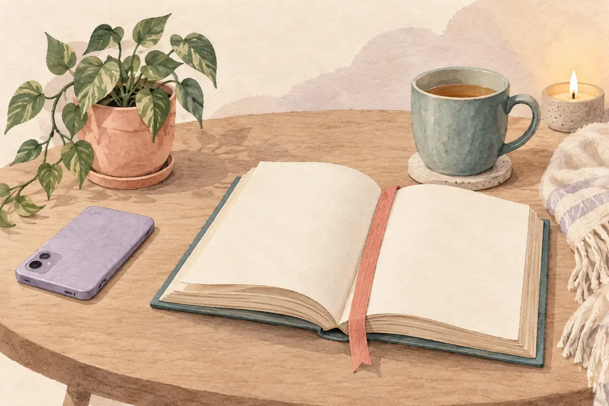 An open book with a coral bookmark beside a face-down lavender phone, a teal mug, and a leafy plant.