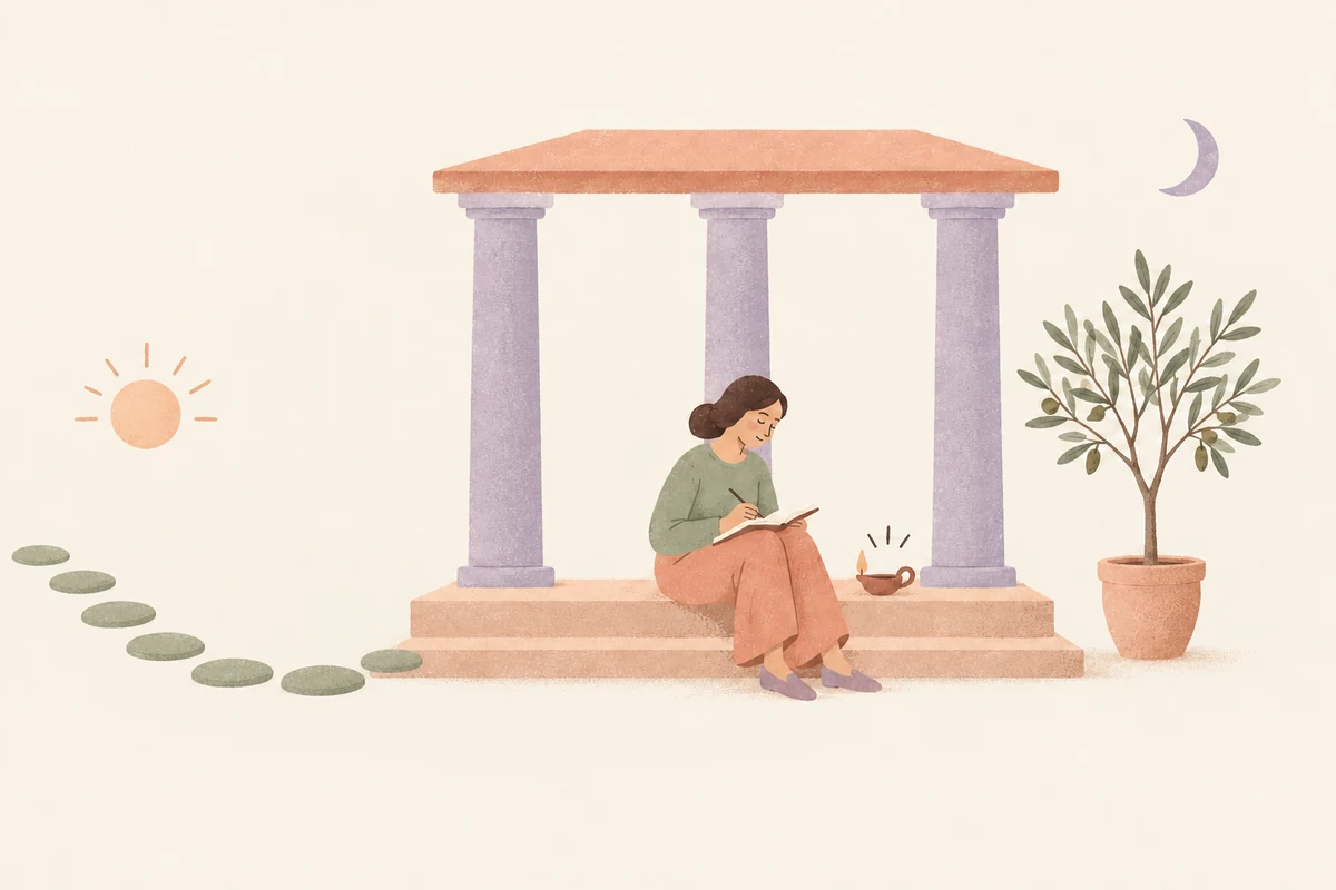 Illustration of a woman writing in a notebook on the steps of a small columned porch beside an oil lamp, with stepping stones leading from a rising sun and a crescent moon above an olive tree.