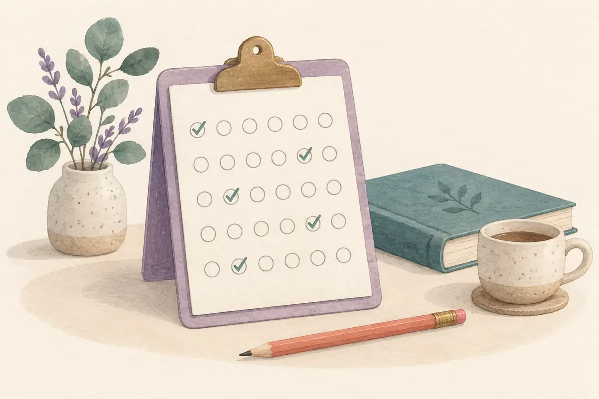 A lavender habit tracker with marked circles beside a reading book, a pencil, and a cup.
