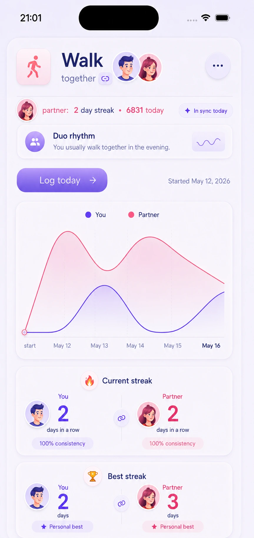 HabitDuo Walk habit shared with a partner — streaks, duo rhythm, and dual progress chart