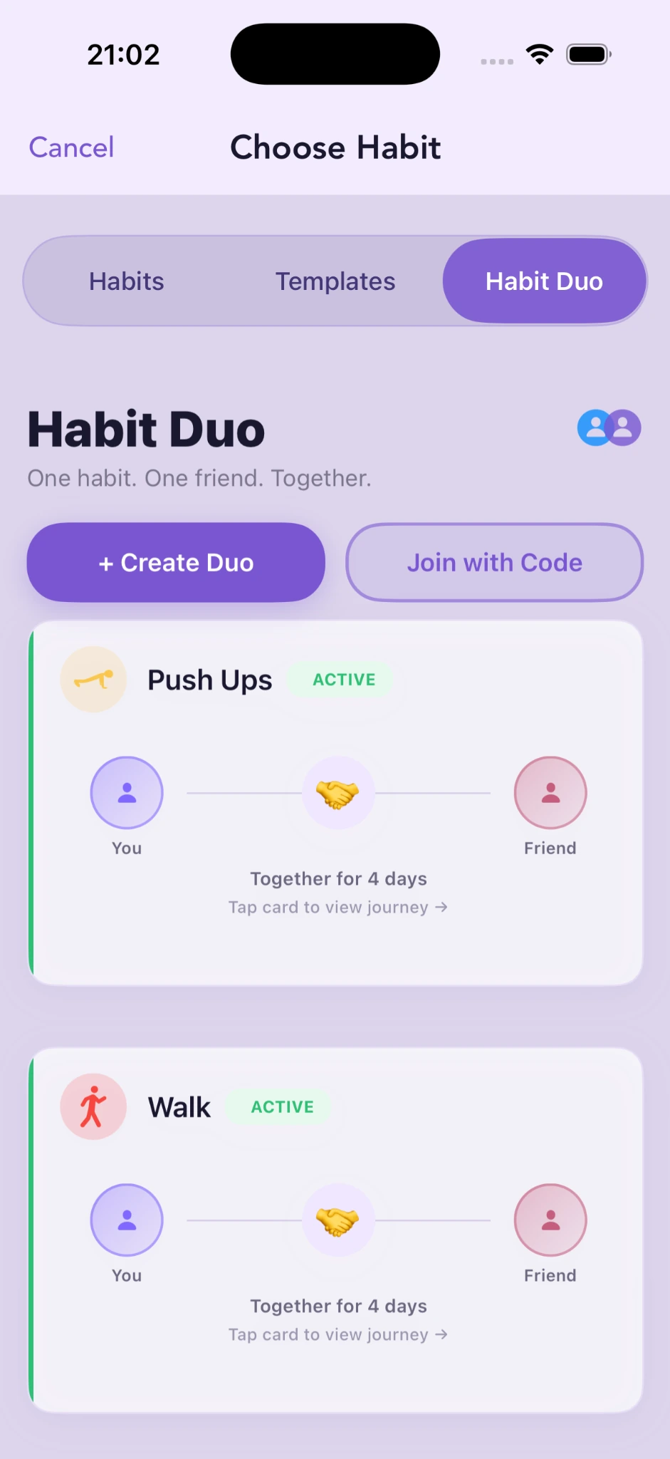 HabitDuo habit selection screen