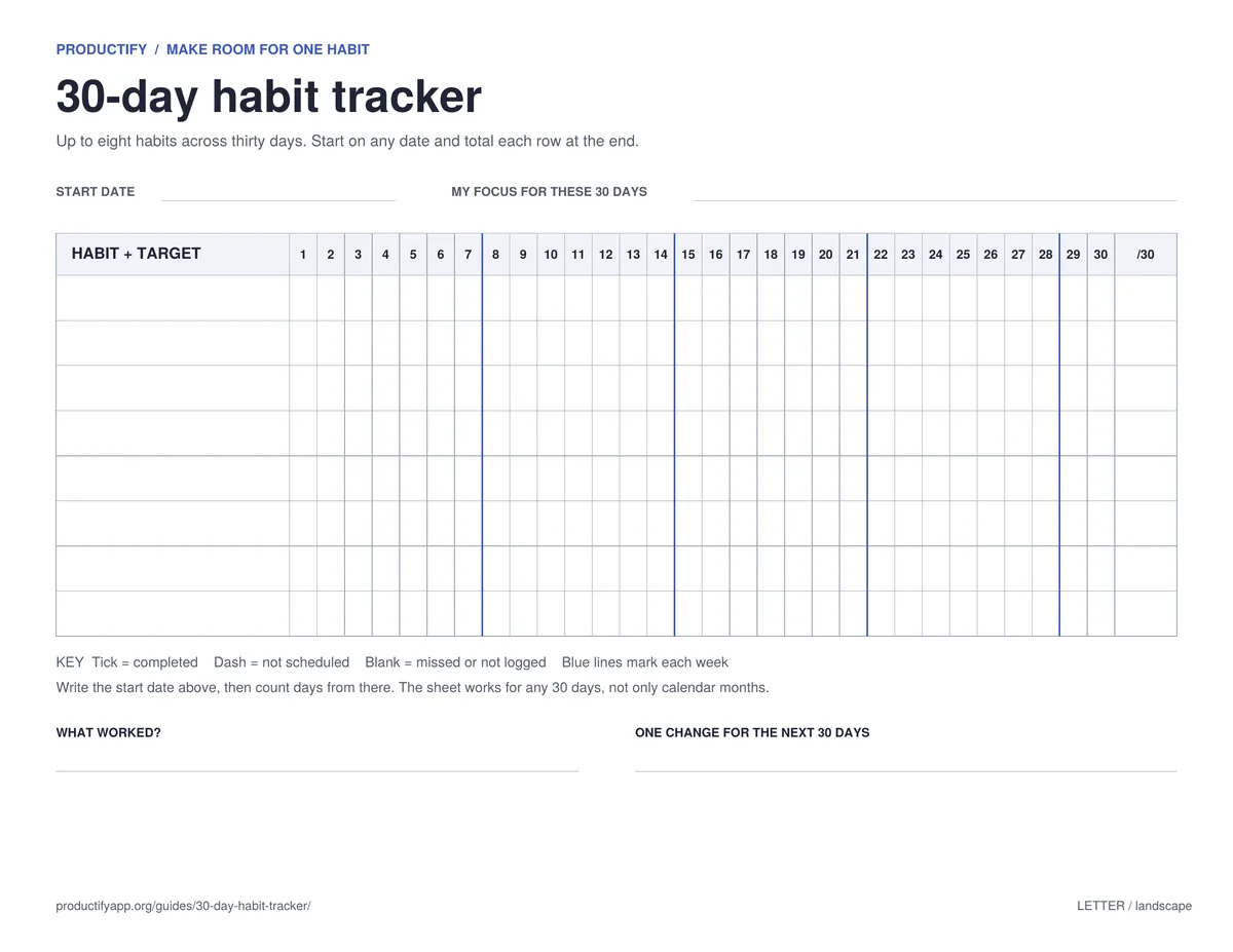 Blank 30-day habit tracker with eight habit rows, day columns 1 to 30, week separators, and a total column