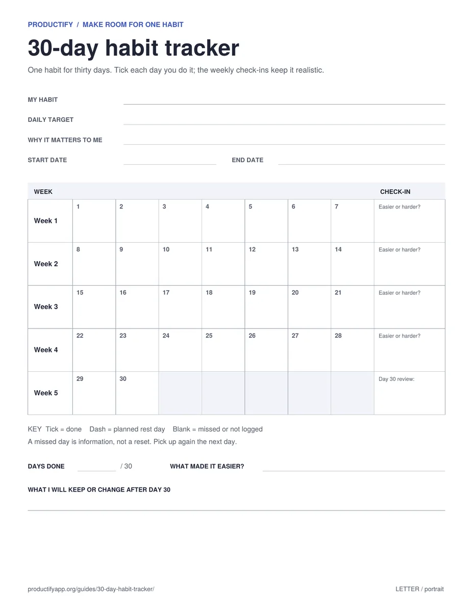 Preview of the 30-day habit tracker for one habit, with thirty squares in weekly rows