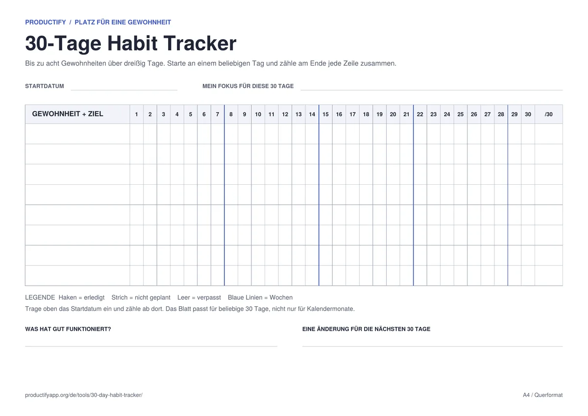 Leerer 30-Tage Habit Tracker mit acht Zeilen für Gewohnheiten, Spalten für die Tage 1 bis 30, Wochenlinien und einer Summenspalte