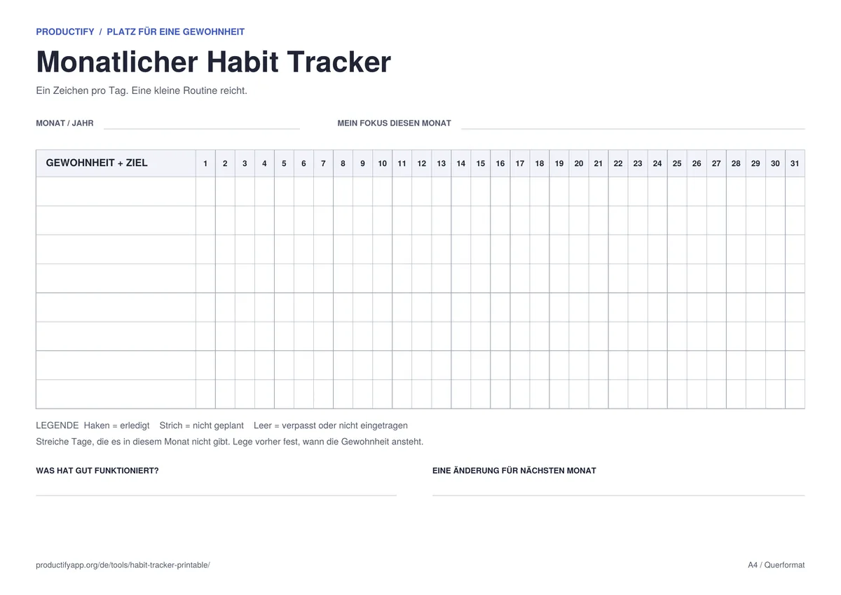 Vorschau der monatlichen Habit Tracker Vorlage mit acht Zeilen und den Tagen 1 bis 31