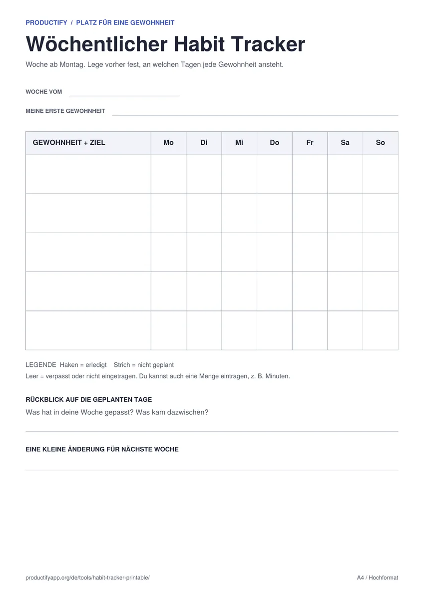 Leere wöchentliche Habit Tracker Vorlage mit Spalten von Montag bis Sonntag, fünf Zeilen für Gewohnheiten und Fragen für den Wochenrückblick