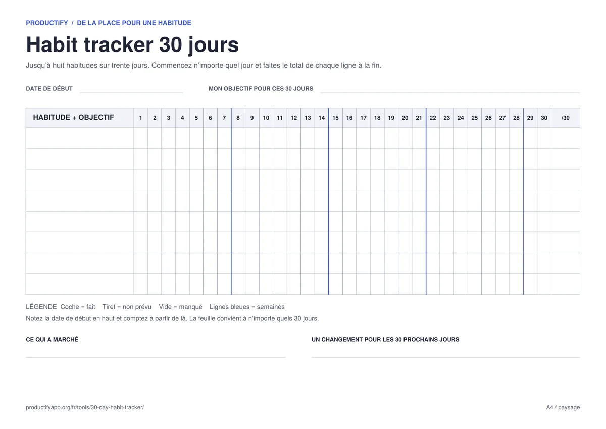 Habit tracker 30 jours vierge avec huit lignes d’habitudes, les jours 1 à 30, des lignes de semaine et une colonne de total