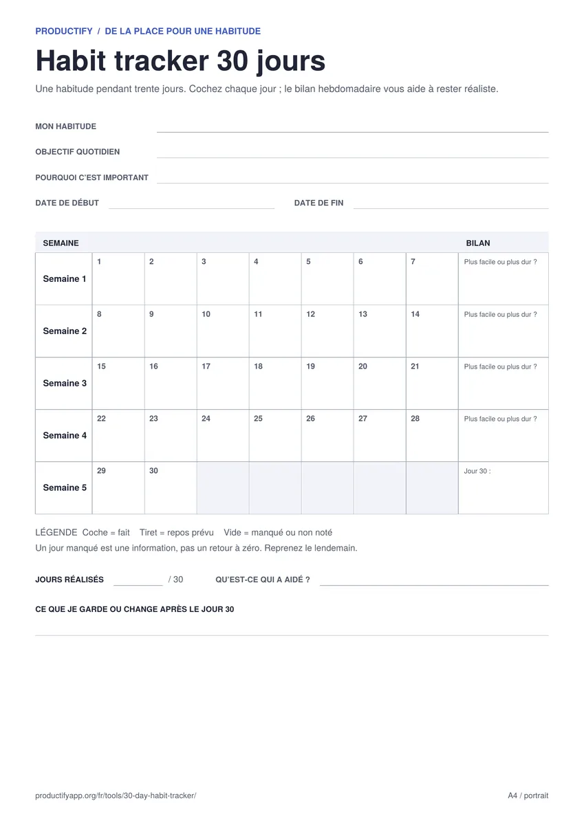Aperçu du habit tracker 30 jours avec trente cases réparties en semaines