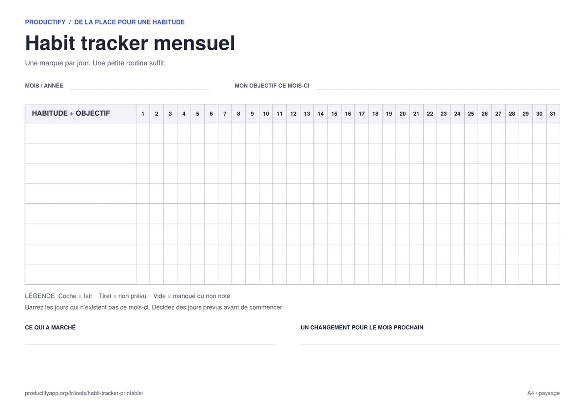 Aperçu du habit tracker mensuel à imprimer avec huit lignes et les jours 1 à 31