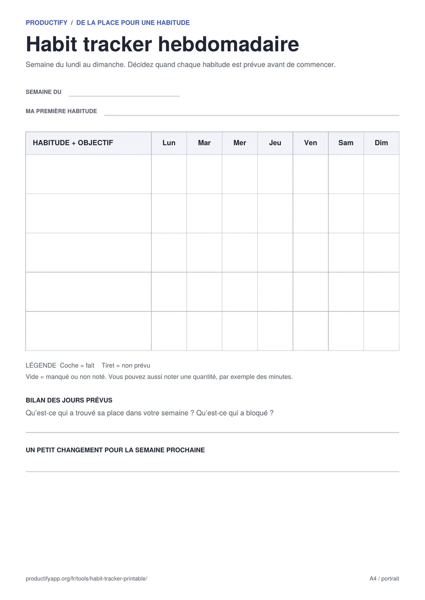 Habit tracker hebdomadaire vierge avec les colonnes du lundi au dimanche, cinq lignes d’habitudes et des questions pour le bilan de la semaine