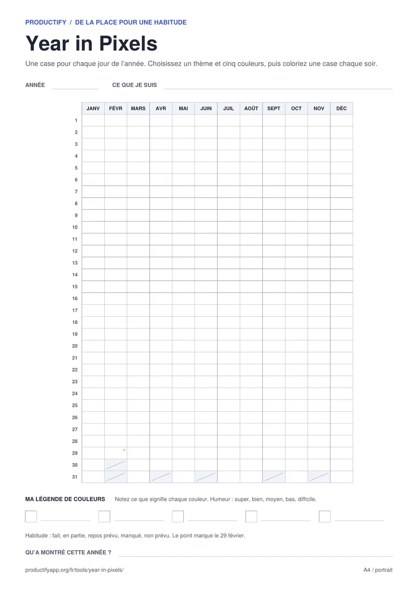 Aperçu du Year in Pixels à imprimer avec douze colonnes de mois et 31 lignes de jours