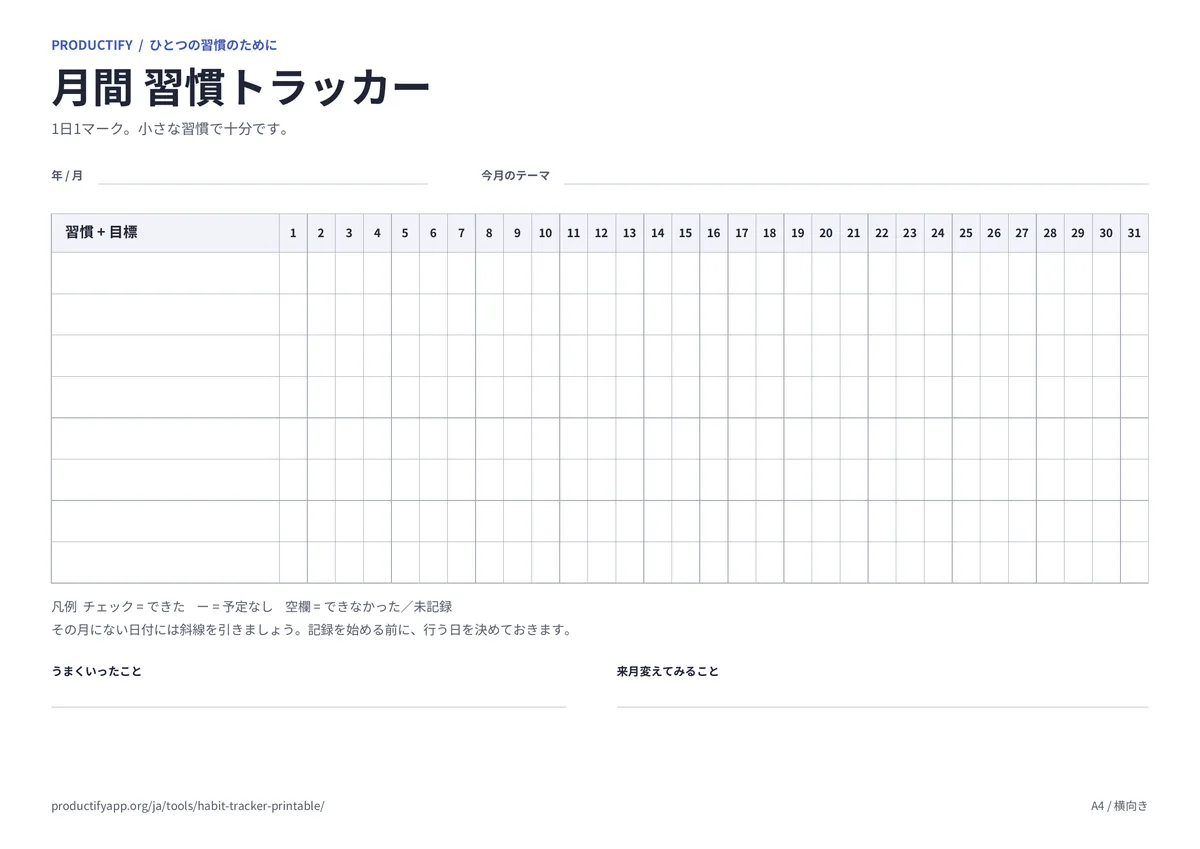 8行と1〜31日の列がある月間 習慣トラッカーのプレビュー