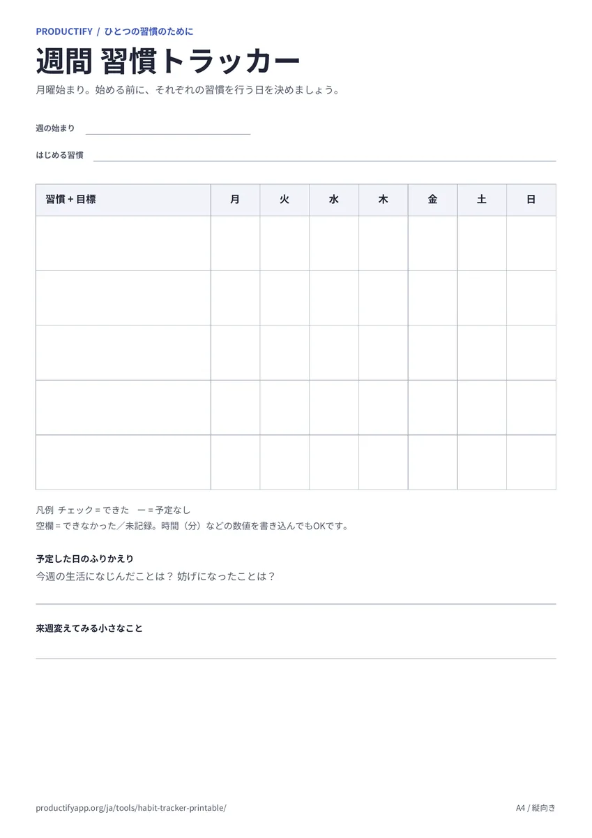 月曜から日曜までの列と5行の習慣欄、週のふりかえりの質問がある週間 習慣トラッカー
