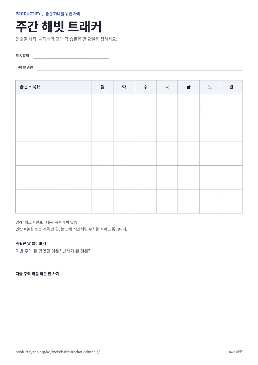 월요일부터 일요일까지의 열, 습관 5개 행, 한 주 돌아보기 질문이 있는 주간 해빗 트래커 양식