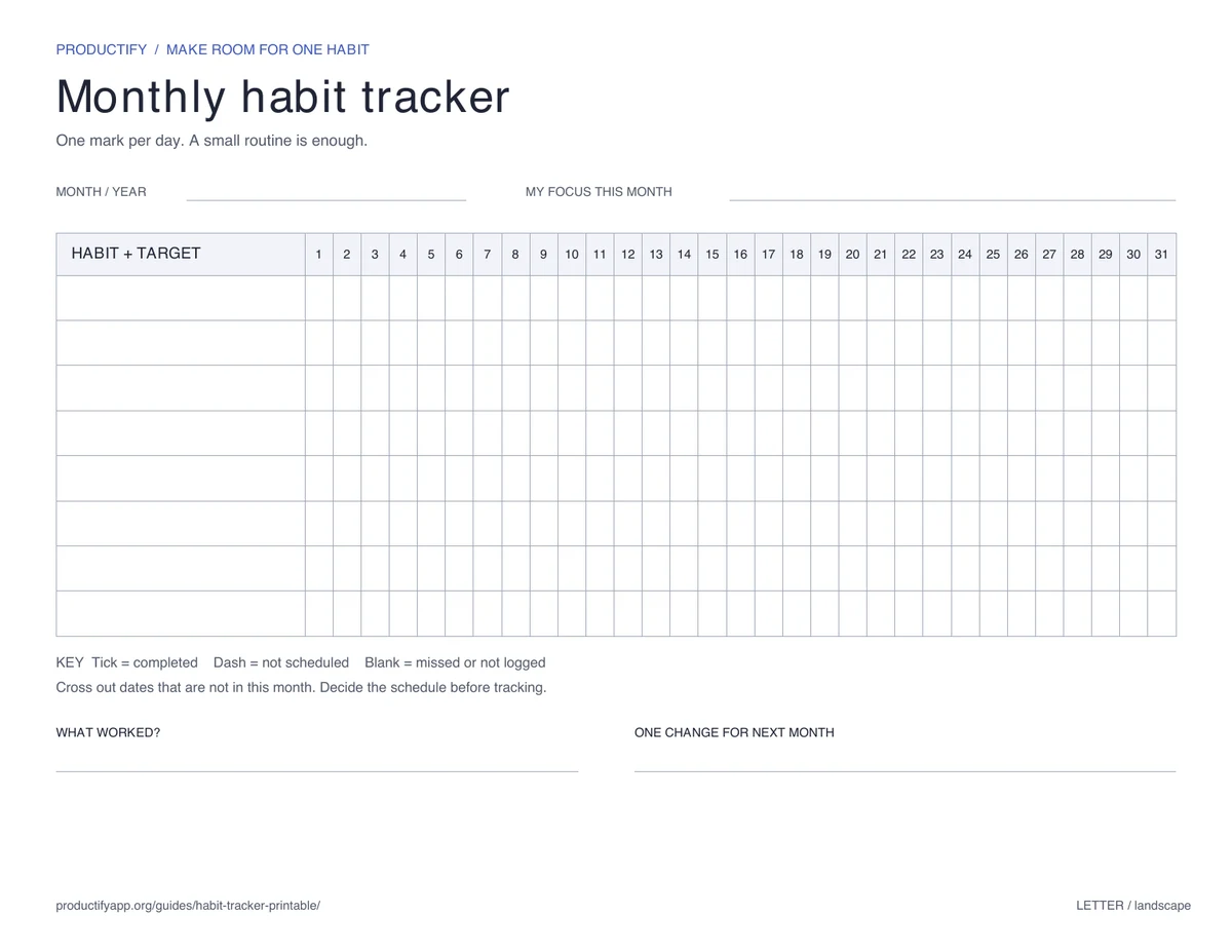 Blank monthly habit tracker with eight habit rows, dates 1 through 31, and space for a monthly review