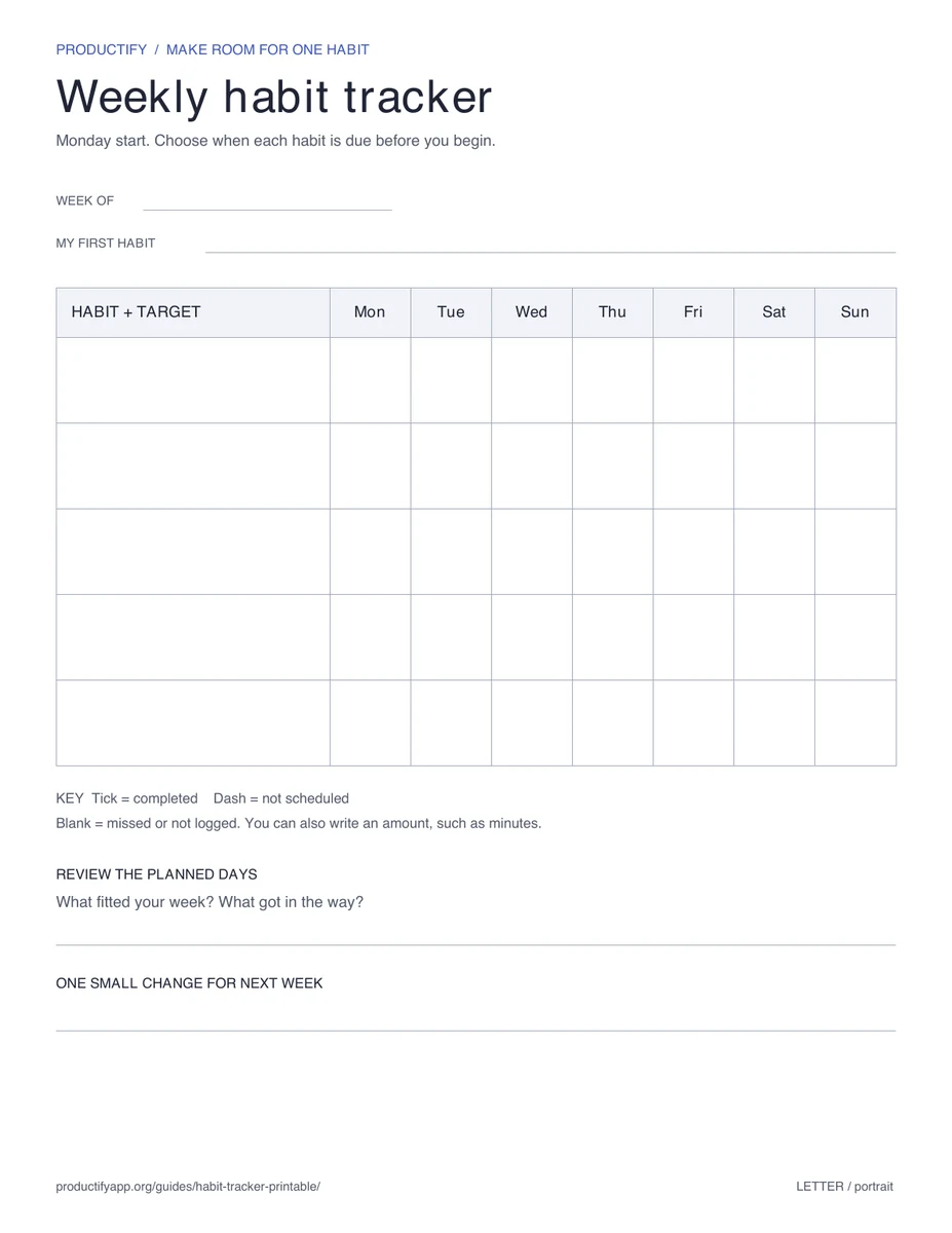 Blank weekly habit tracker with Monday through Sunday columns, five habit rows, and prompts for reviewing the week