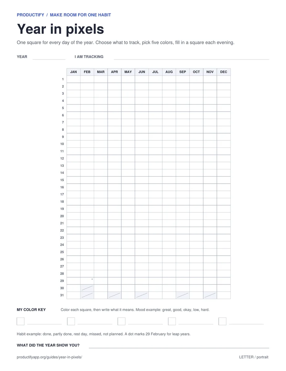 Preview of the year in pixels printable, with twelve month columns and 31 day rows