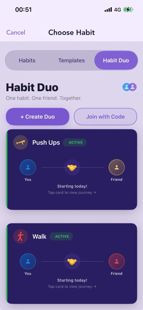 Productify Habit Duo screen showing Push Ups and Walk active duos, each connecting you and a friend