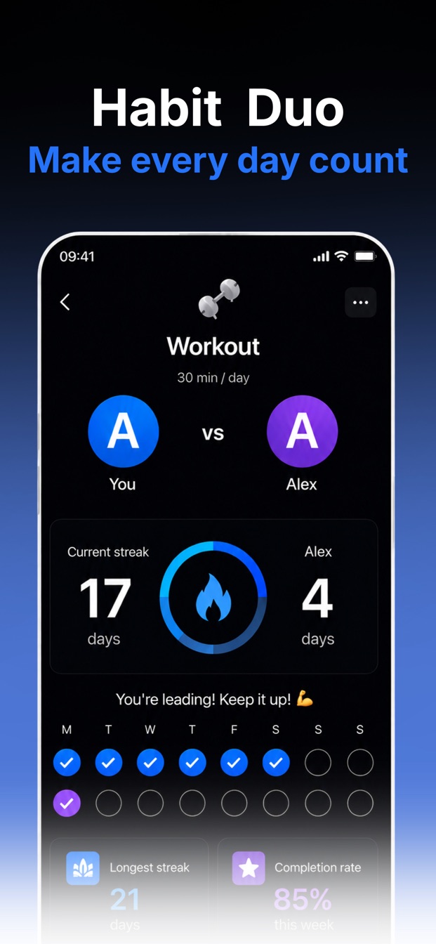 Productify Habit Duo showing two friends' workout streaks side by side
