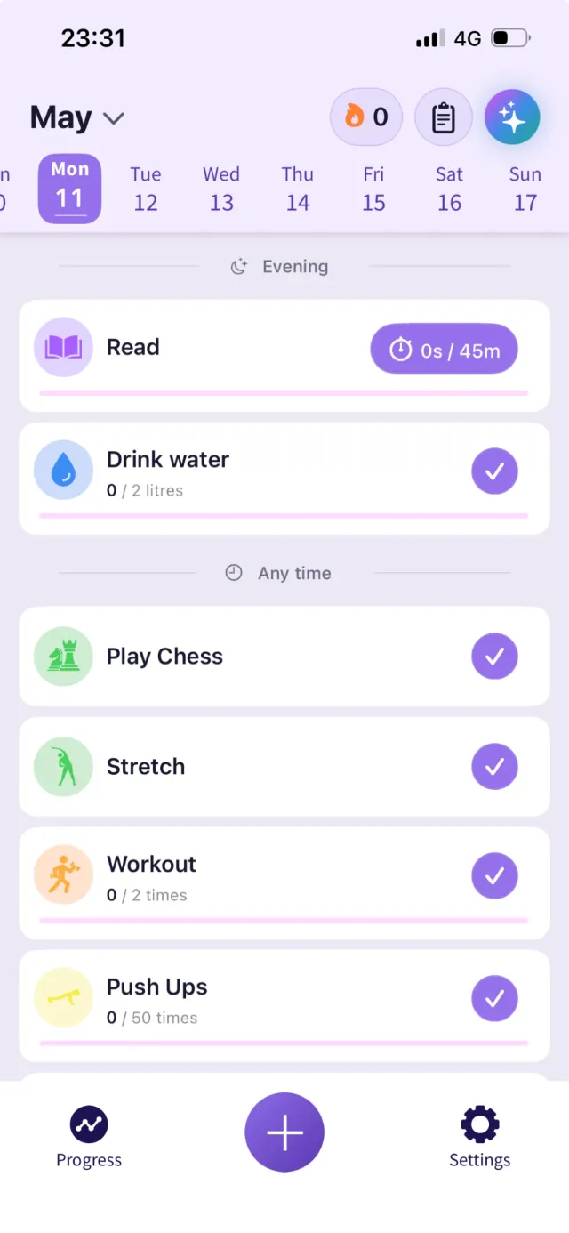 Startbildschirm der Habit Tracker App Productify mit der Tagesliste der Gewohnheiten