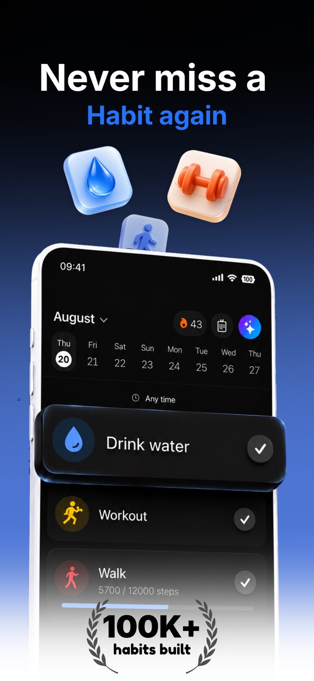 Productify daily habit list with one-tap check-ins for water, workouts, and walking
