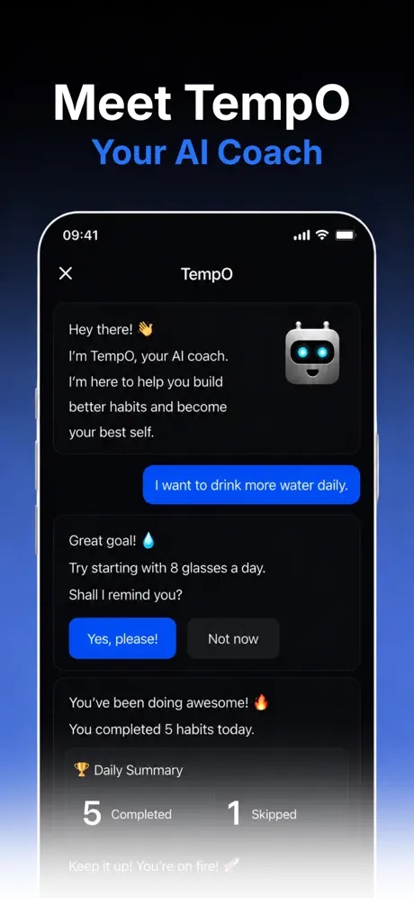 TempO, the Productify AI coach, helping a user turn a daily water goal into a practical habit