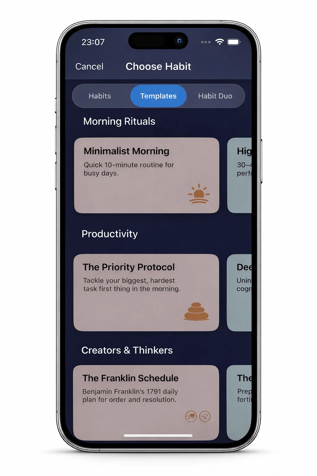 Productify habit template library showing Morning Rituals, Productivity, and Creators & Thinkers categories with ready-made routines