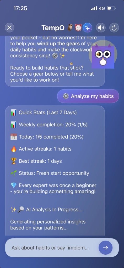 TempO AI Habit Analyser – Productify's owl character showing quick stats, weekly completion, active streaks, and generating personalised habit insights