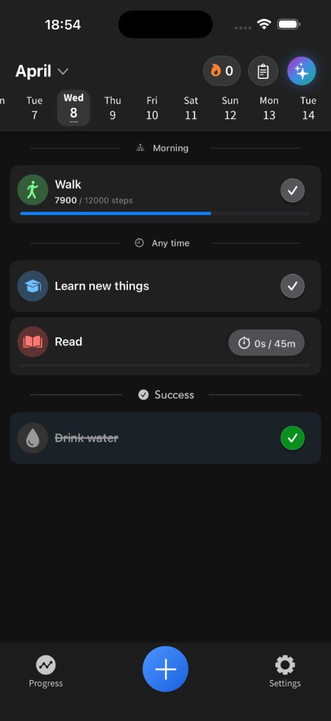 Productify daily habit list — Walk 7900/12000 steps, Learn new things, Read 0s/45m timer, Drink water completed