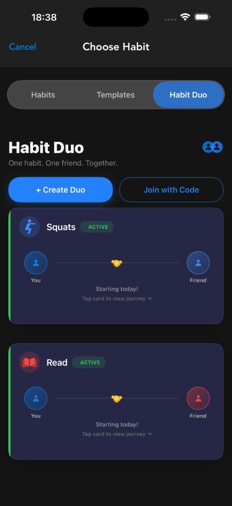 Habit Duo choose habit screen — showing Squats and Read active duos, each with You and Friend avatars connected