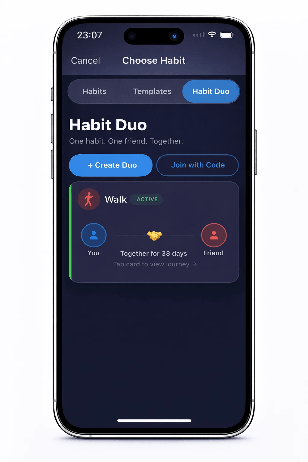 Habit Duo streak view, side-by-side line chart comparing your progress and your partner's with current and best streak stats