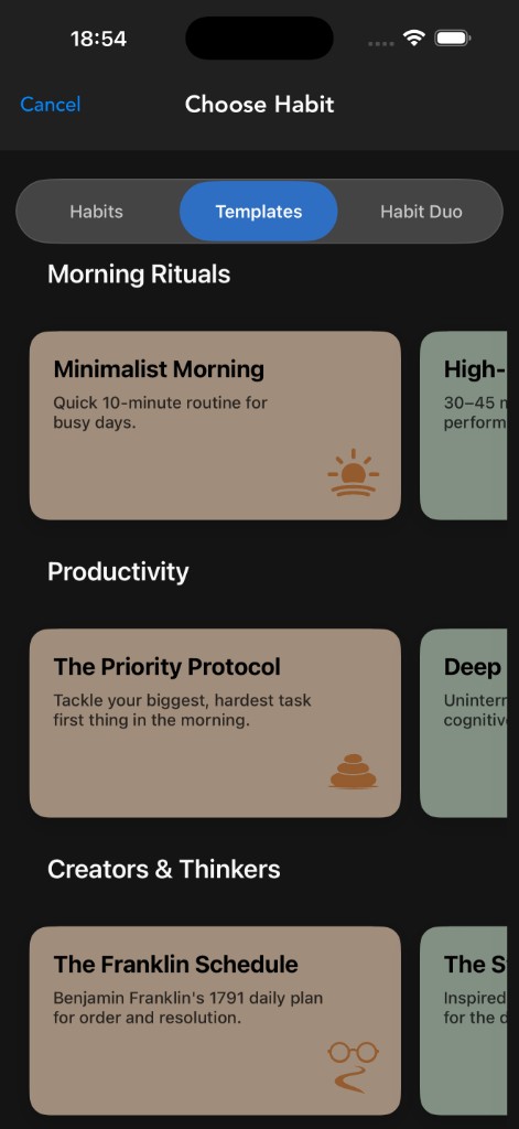 Productify habit templates — Minimalist Morning, High Performance, Priority Protocol and Franklin Schedule routines