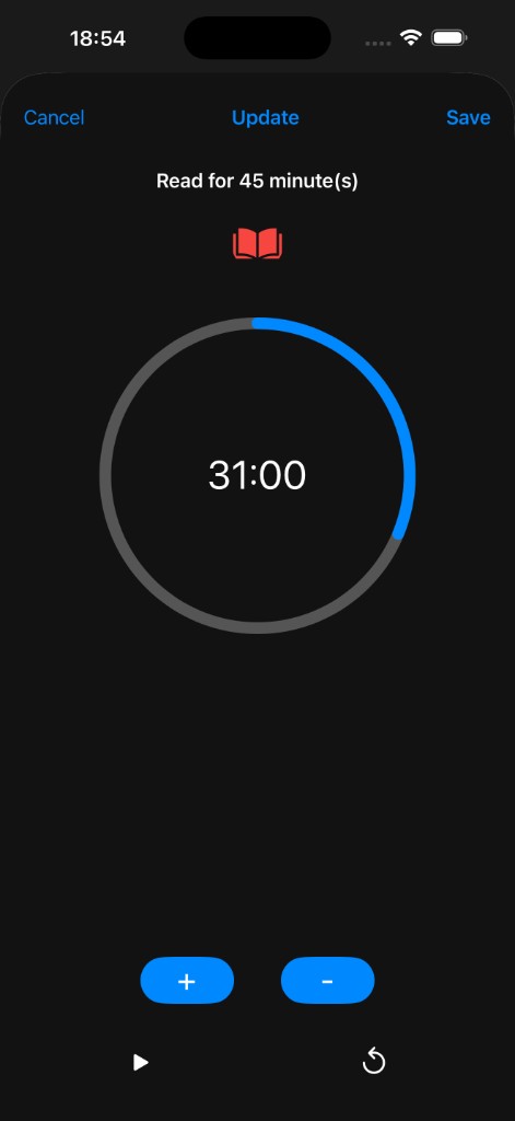 Productify in-app timer — Read for 45 minutes habit showing 31 minutes elapsed with circular progress ring
